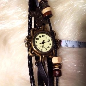 Quartz Butterfly Wooden Beads Charm Watch Leather Straps